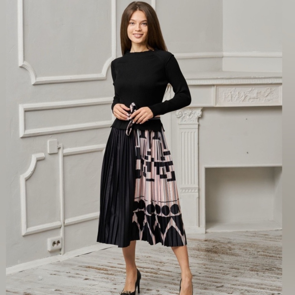 Dalia Mcphee Mockneck Ribbed Knit Dress with Pleated Skirt
